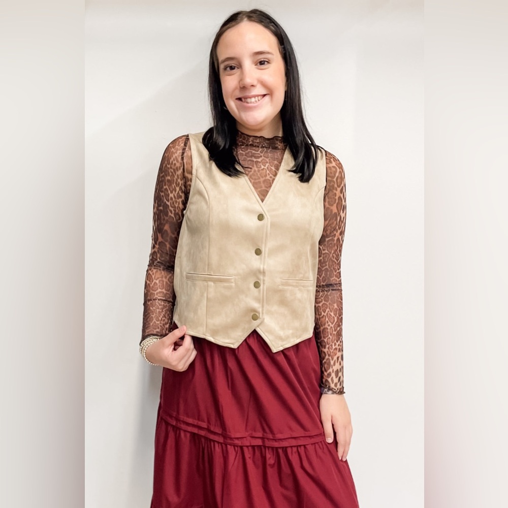 Wishlist Suede Button Up Vest in Stone WL25-10990